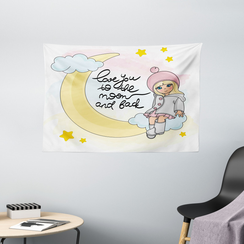 Romantic Moon Words and Girl Wide Tapestry