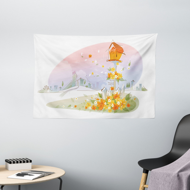 Floral Nest of Birds Wide Tapestry