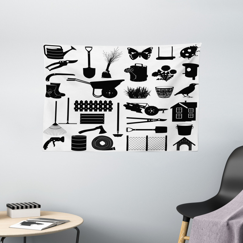 Monochrome Garden Items Wide Tapestry