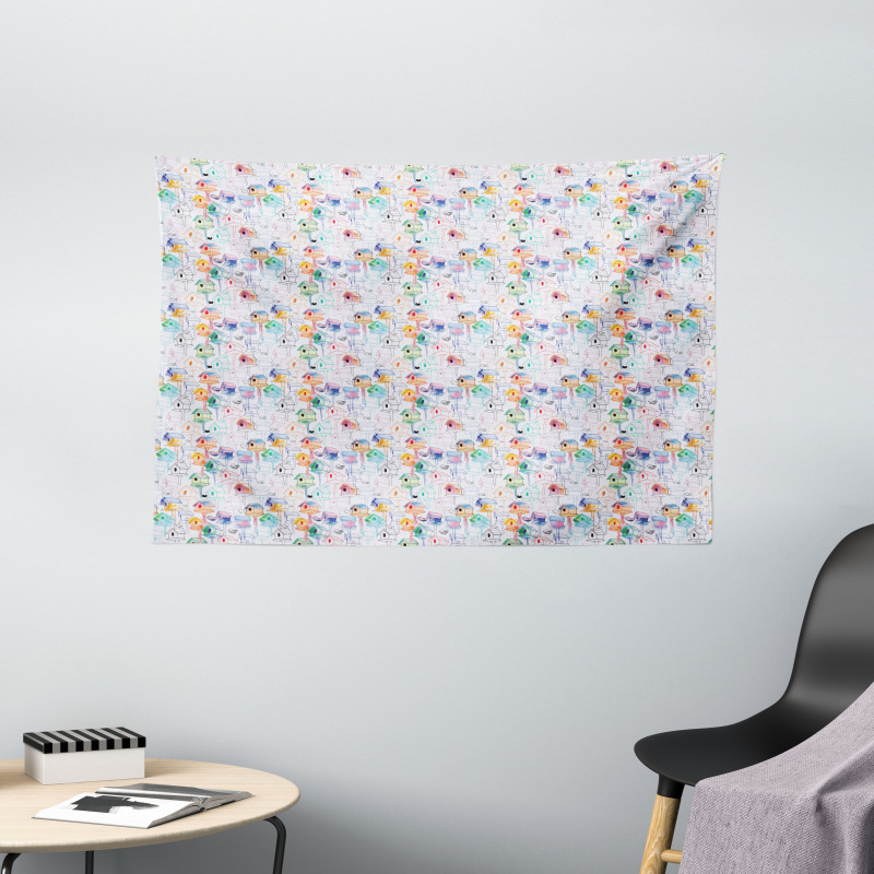 Colorful Nests Sketch Wide Tapestry