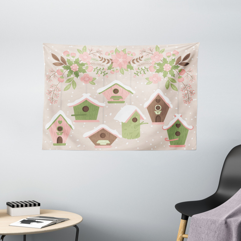 Pastel Floral Snow Nest Wide Tapestry