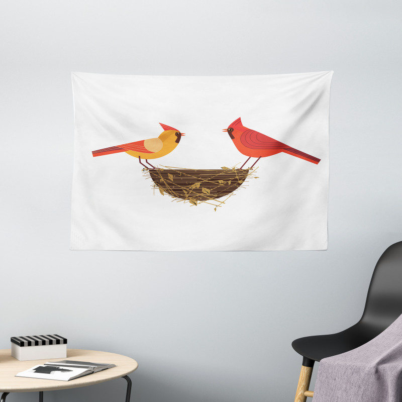 Red Cardinals Couple Nest Wide Tapestry