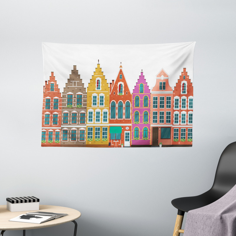 European Colorful Houses Wide Tapestry