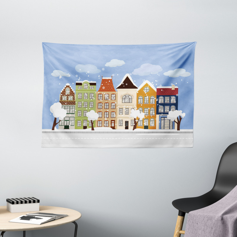 Winter Time Dutch Houses Wide Tapestry