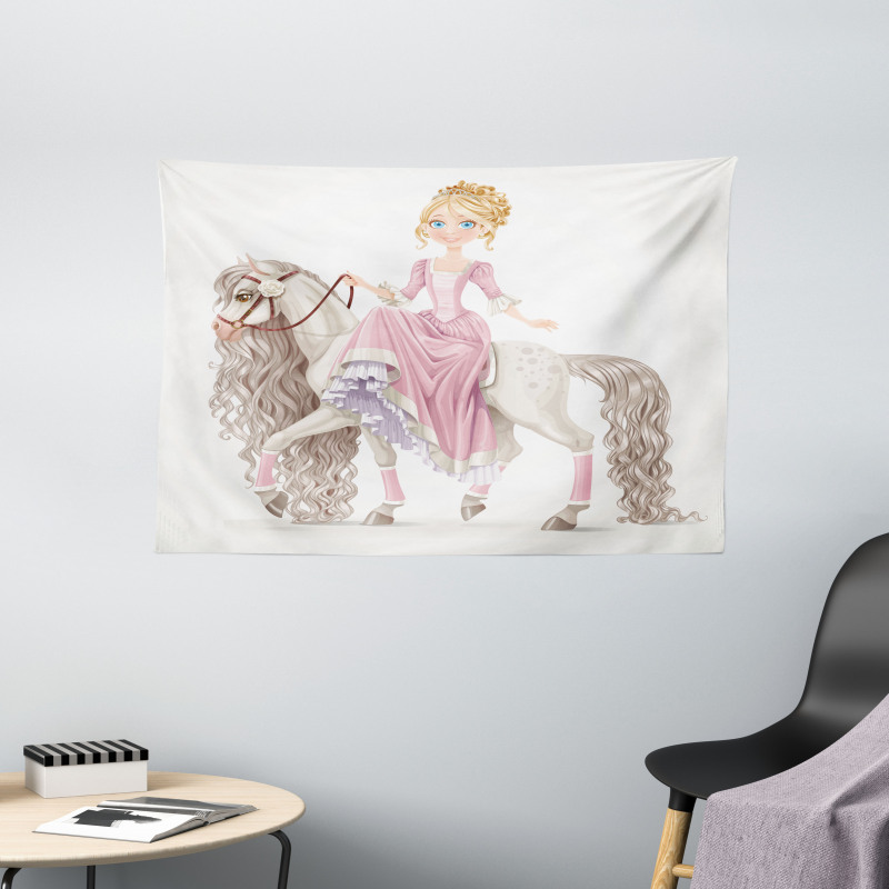 Princess on White Horse Wide Tapestry