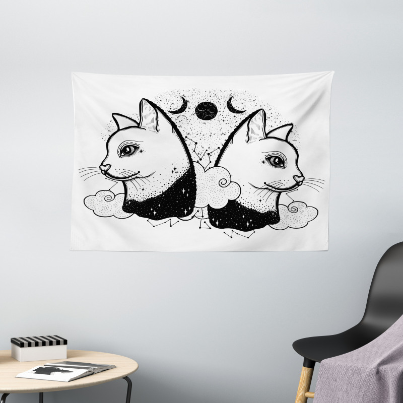 Cats with Moon Clouds Stars Wide Tapestry