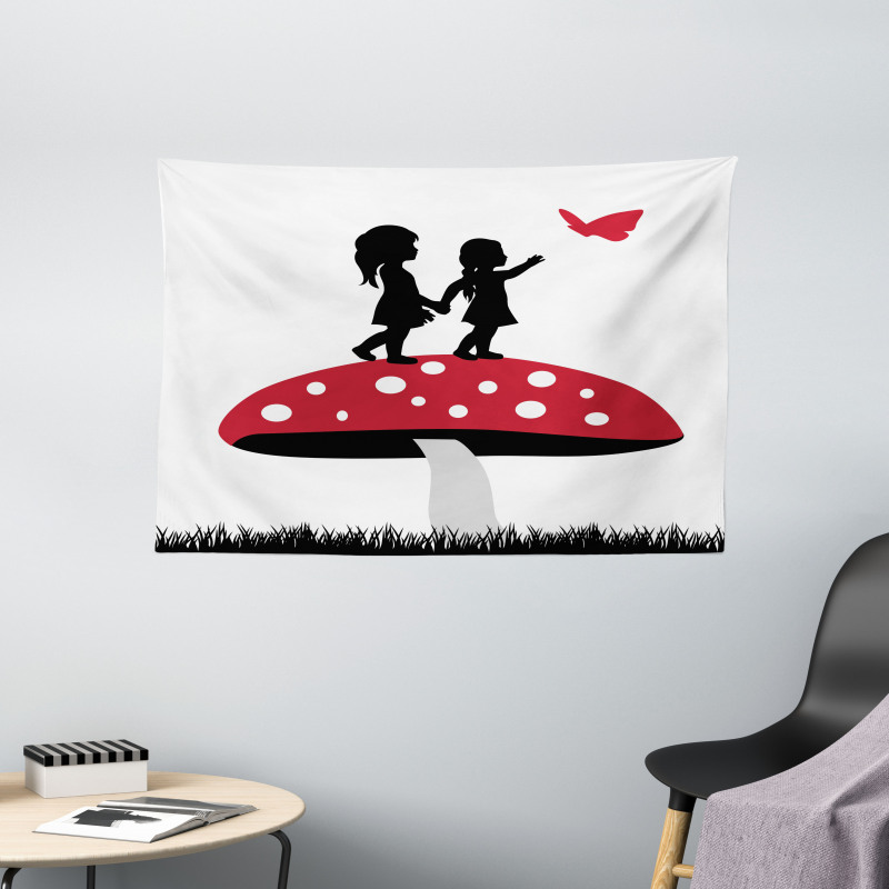 Little Girls on Toadstool Wide Tapestry