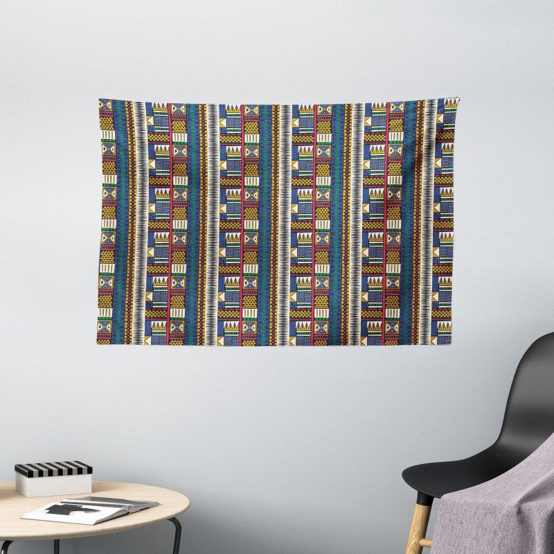 Tribal Motifs Vibrant Colors Wide Tapestry