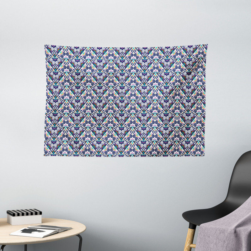 Abstract Folk Ornamental Motif Wide Tapestry