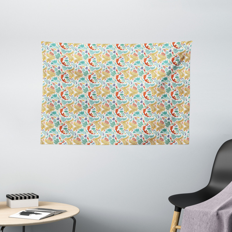 Botanical Leaves and Flowers Wide Tapestry