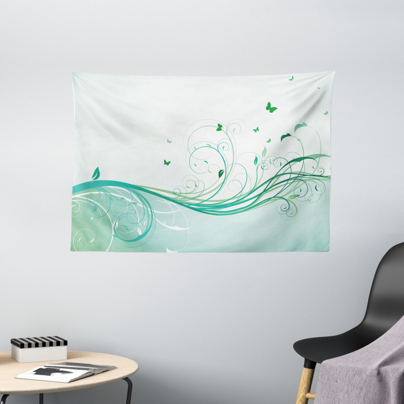 Curvy Lines Wave Flowers Wide Tapestry