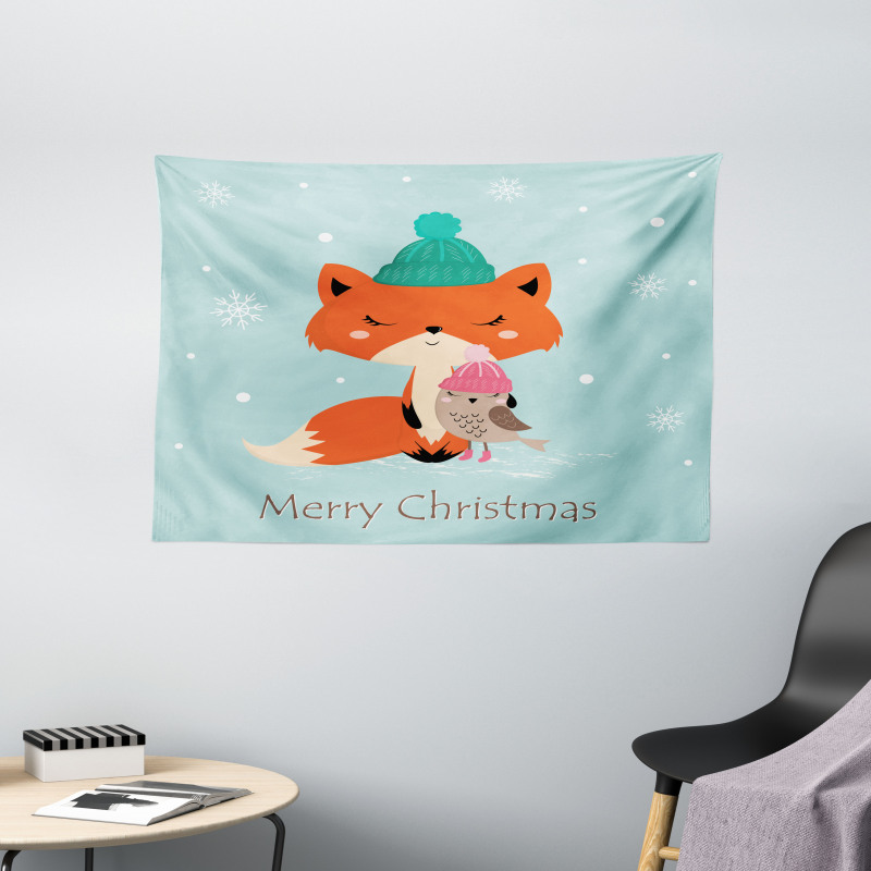 Merry Christmas Bird Animal Wide Tapestry