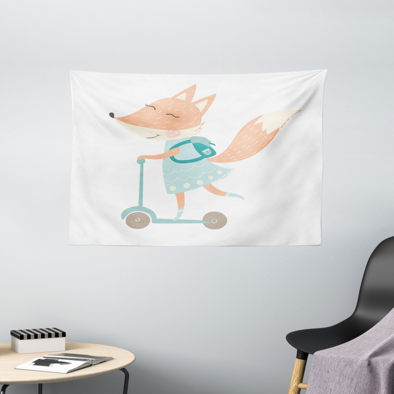 Happy Animal and Bag on Scooter Wide Tapestry