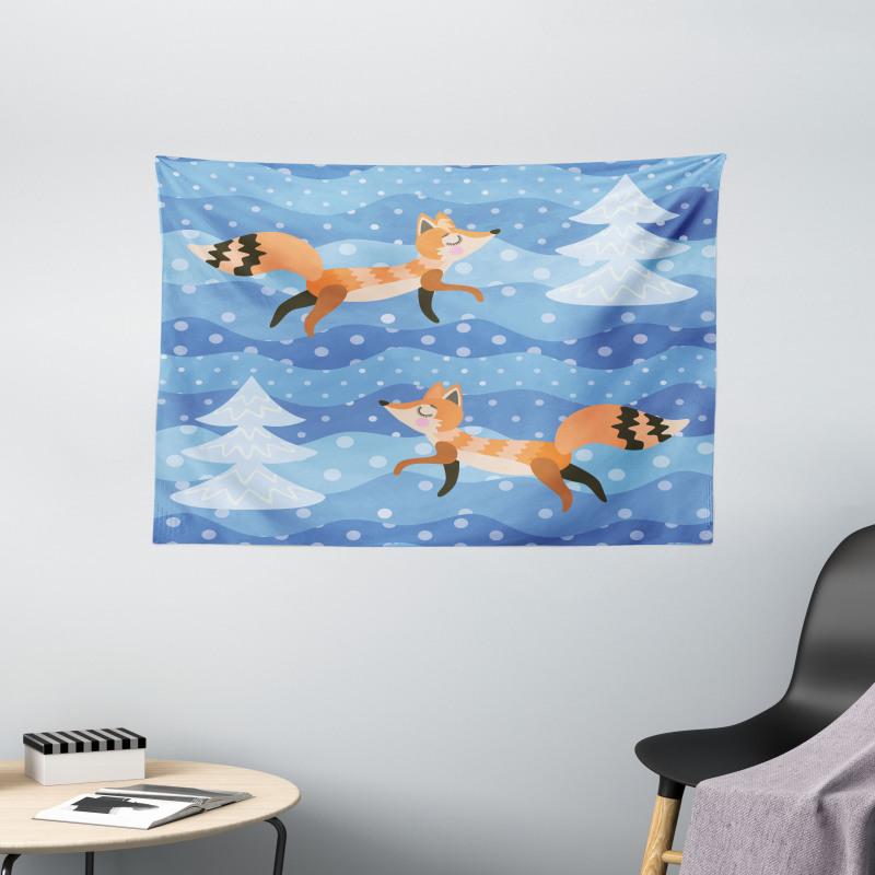 Winter Snowing Tree and Animal Wide Tapestry