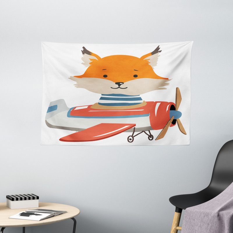 Funny Animal in Little Airplane Wide Tapestry