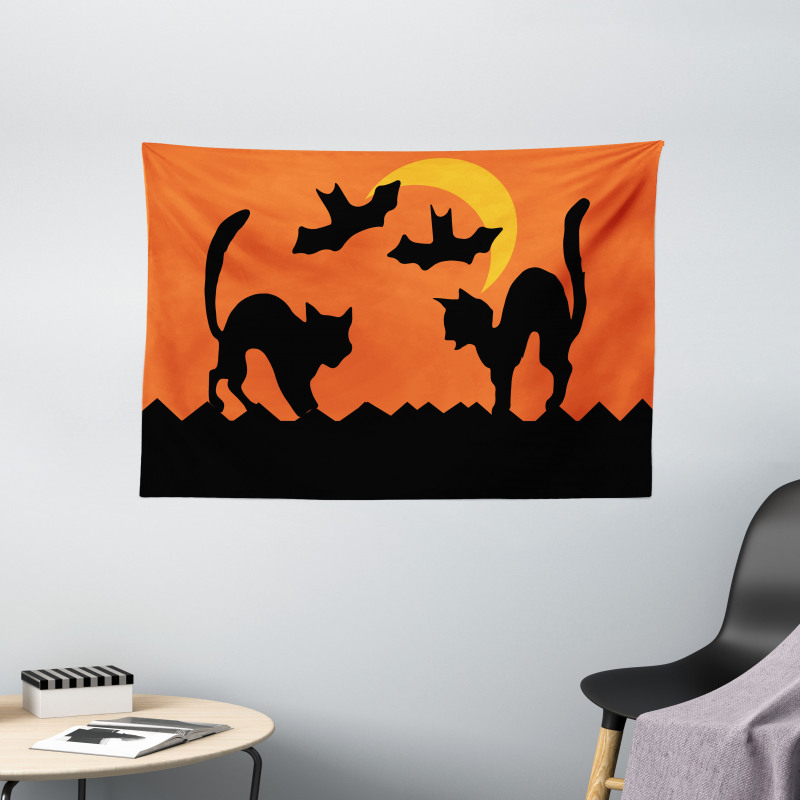 Crescent Cats and Bats Wide Tapestry