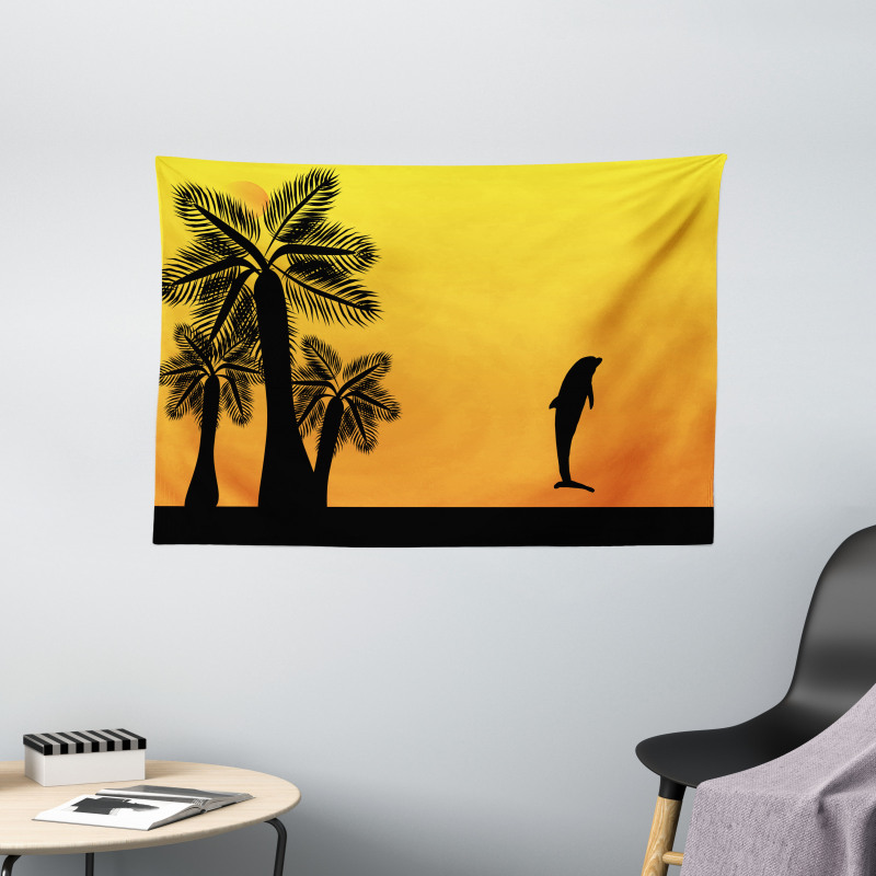 Ombre Sunset Palms Dolphin Wide Tapestry