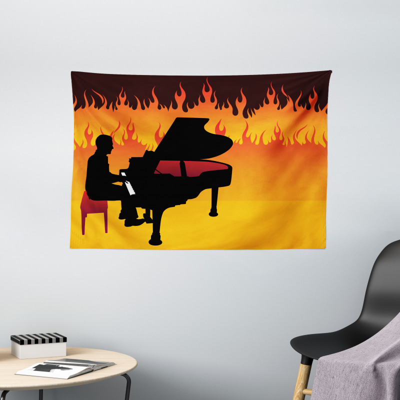 Pianist Man Playing on Flames Wide Tapestry