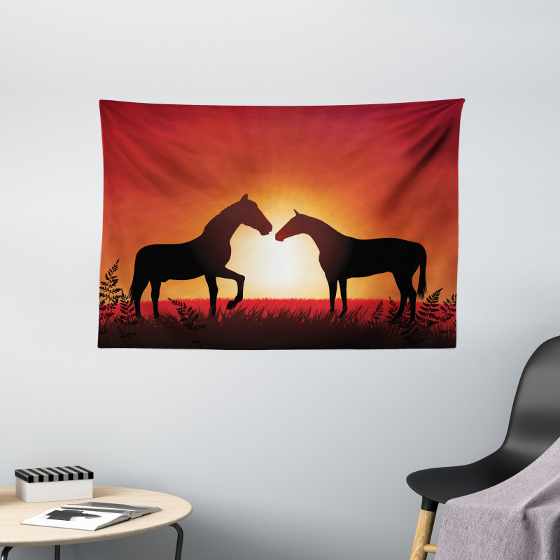 Horses Silhouette on Sunset Wide Tapestry