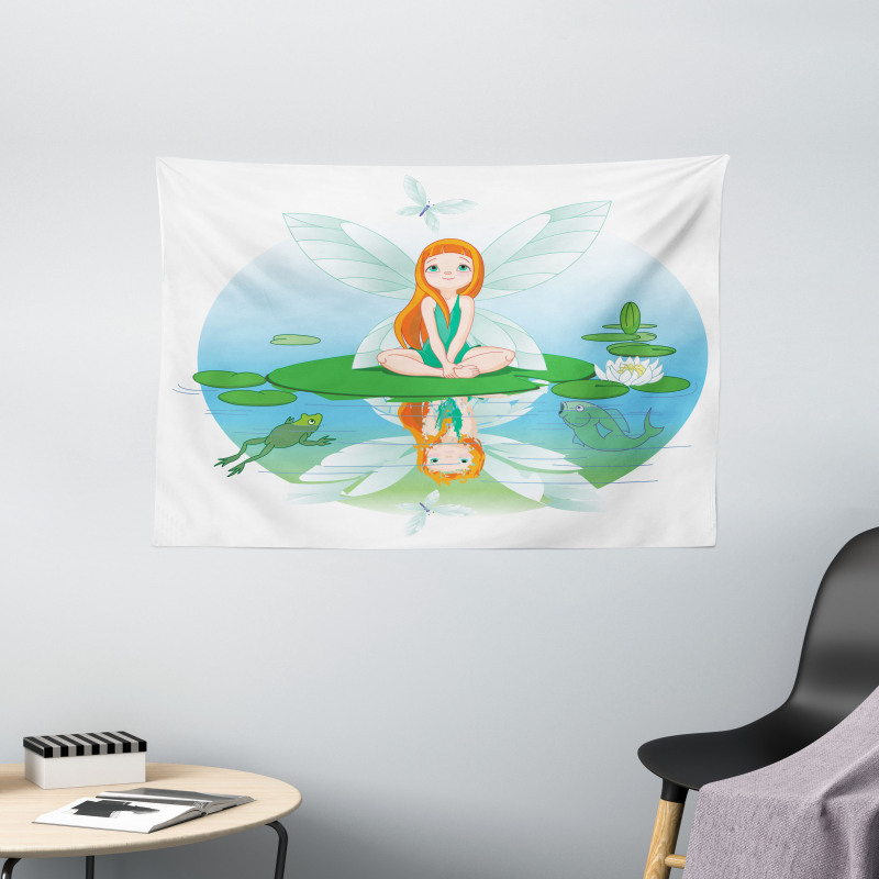 Fairy on Water Lily Leaf Wide Tapestry