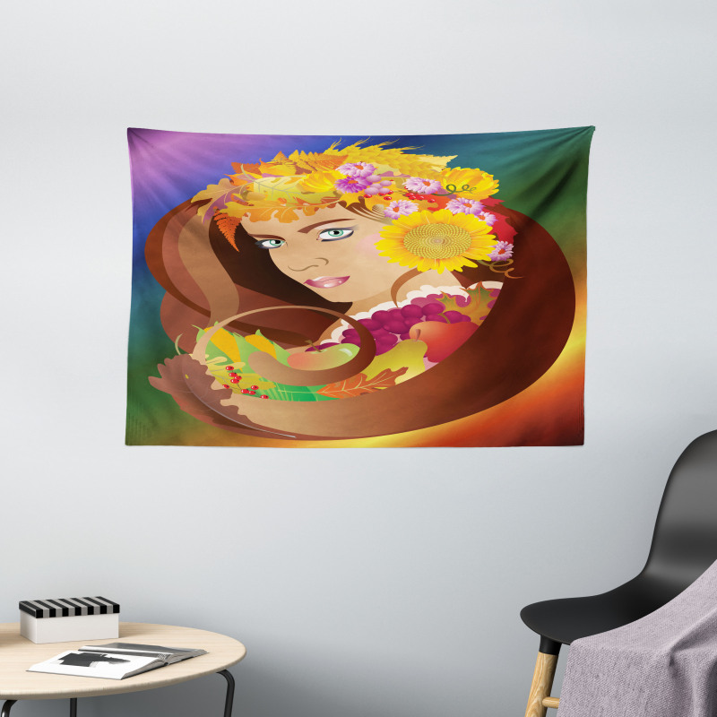 Floral Leafy and Fruits Hair Wide Tapestry