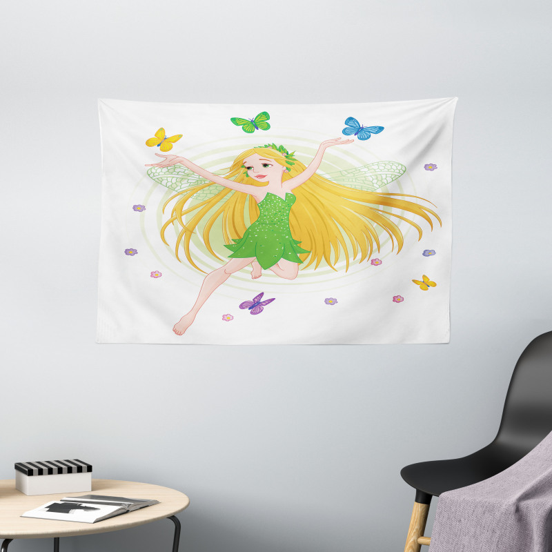 Spring Fairy Butterflies Wide Tapestry