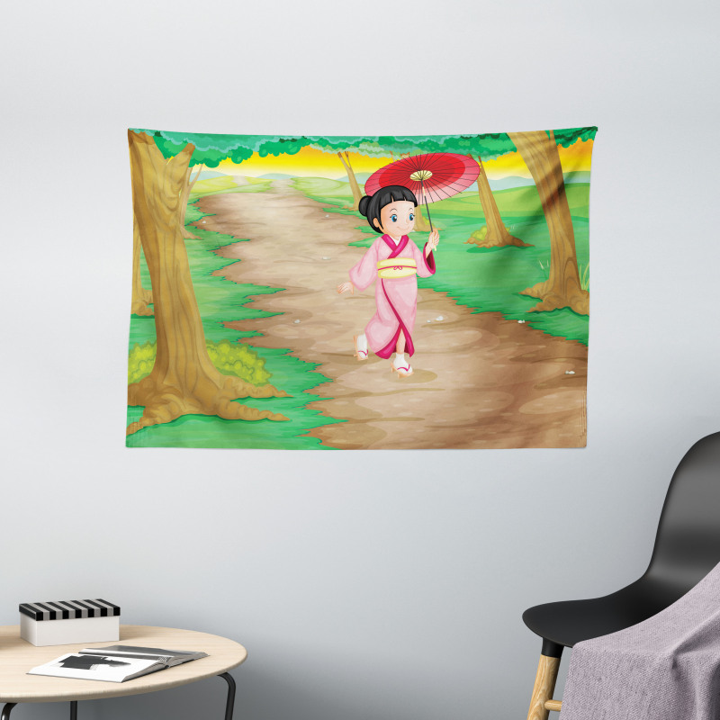 Cartoon Style Geisha Wide Tapestry