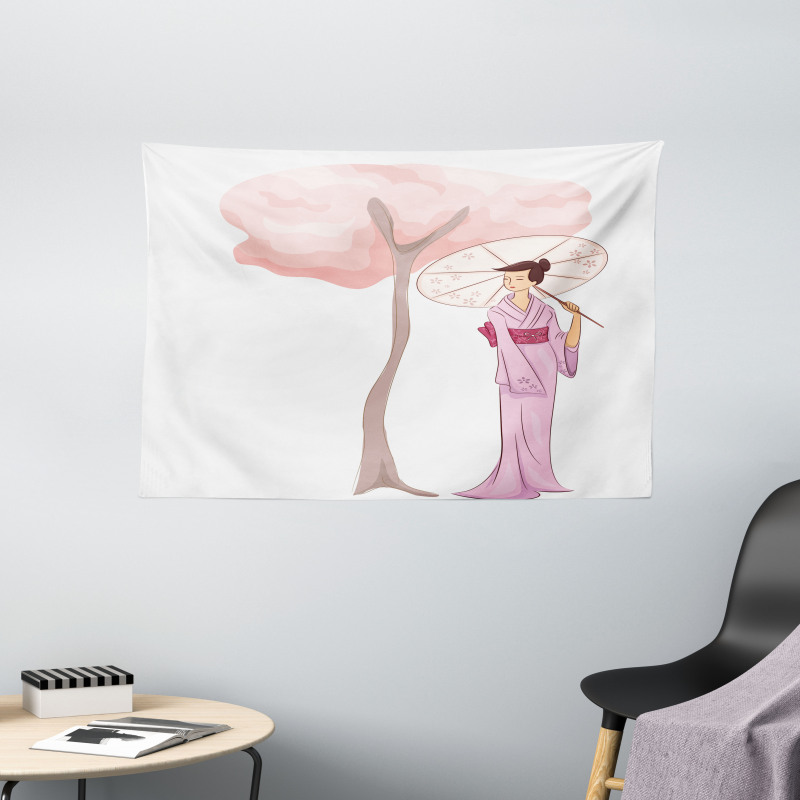 Woman Blossom Tree Wide Tapestry