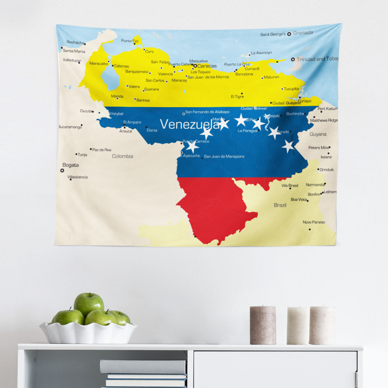 Güney Amerika Mikrofiber Geniş Duvar Halısı Venezuela Haritası Desenli Mavi Sarı
