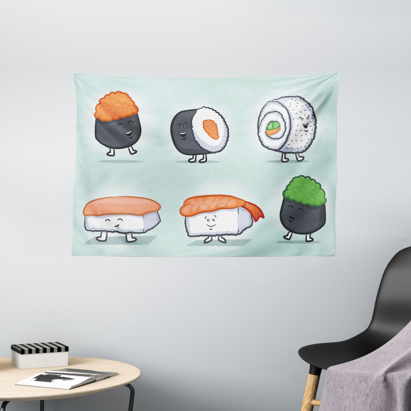 Funny Happy Sushi Characters Wide Tapestry