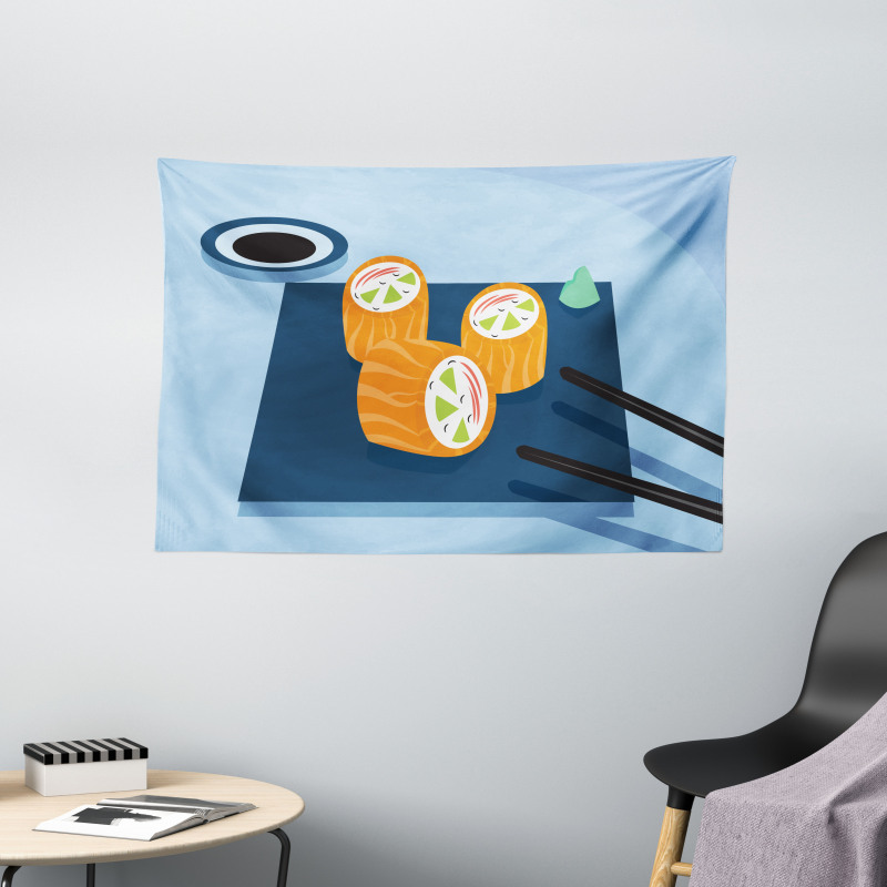 Colorful Doodle Sushi Plate Wide Tapestry