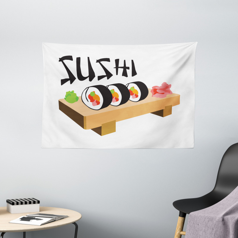 Sushi Wooden Folk Food Plate Wide Tapestry