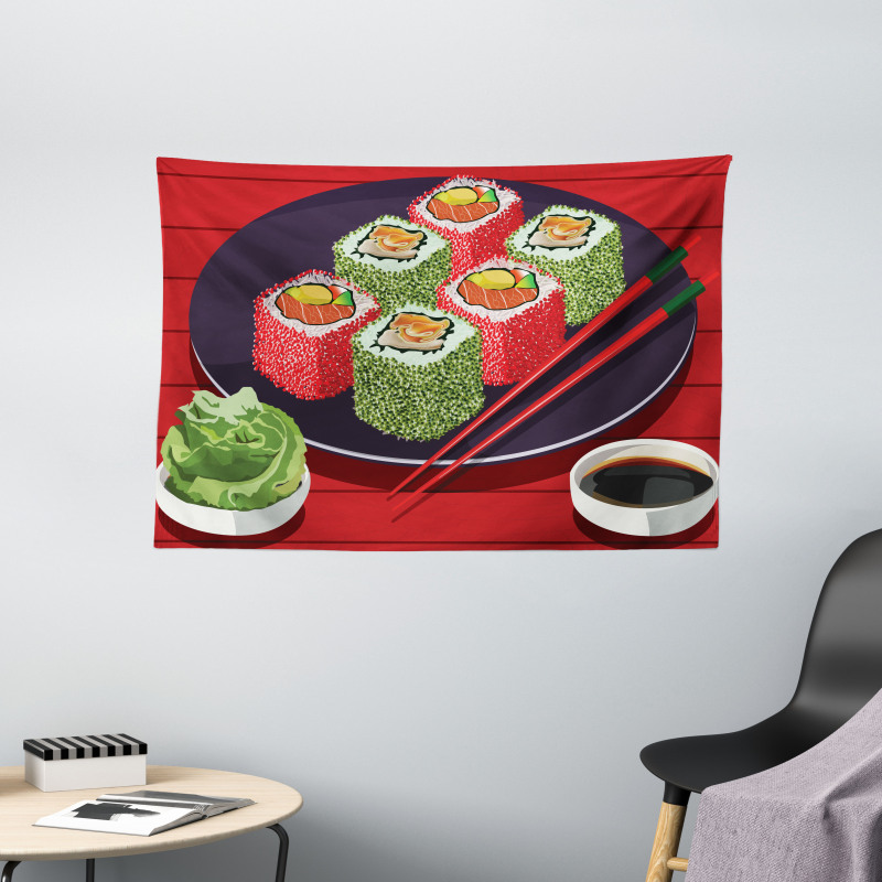 Delicious Sushi Cartoon Art Wide Tapestry