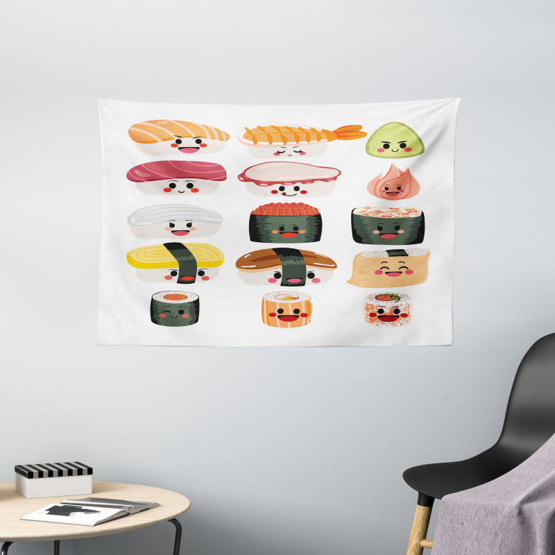 Funny Cartoon Sushi Wide Tapestry