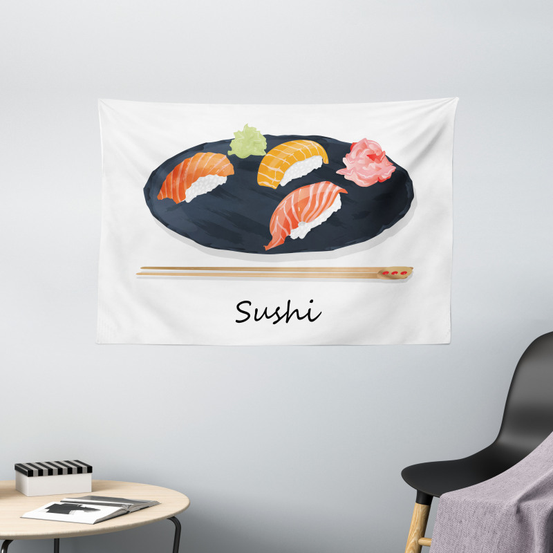 Sushi Text and Japan Plate Wide Tapestry