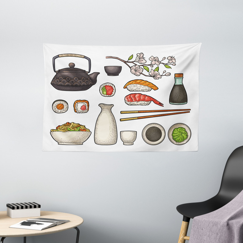 Japan Teapot Sakura Sushi Wide Tapestry