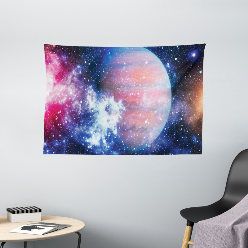 Vivid Nebula and Planet Art Wide Tapestry