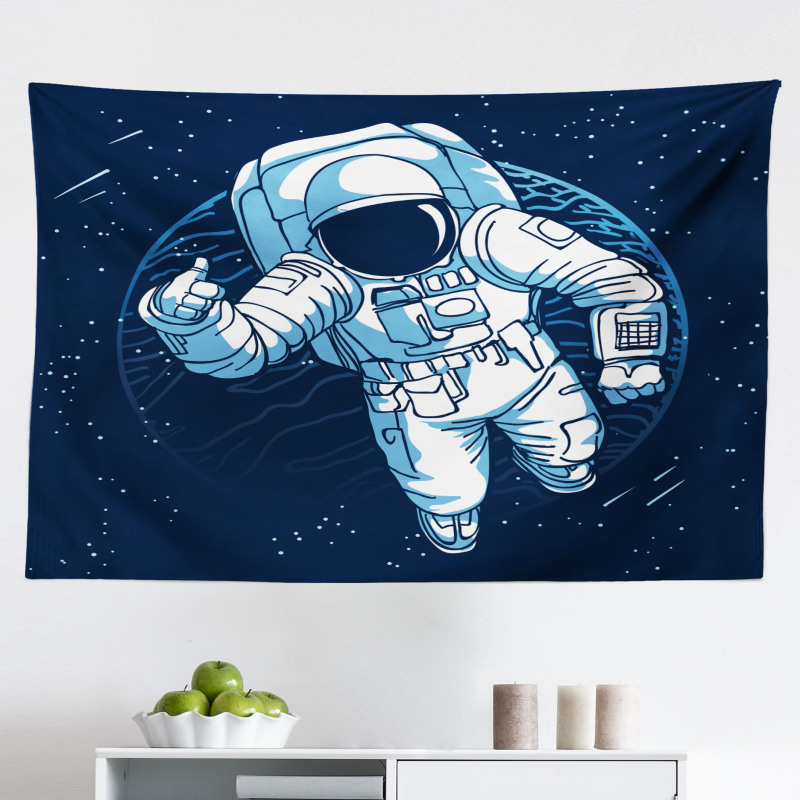 Karikatür Mikrofiber Geniş Duvar Halısı Yıldızlar ve Gezegen Silueti ile Astronot