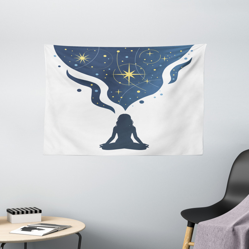 Woman Yoga with Starry Smoke Wide Tapestry