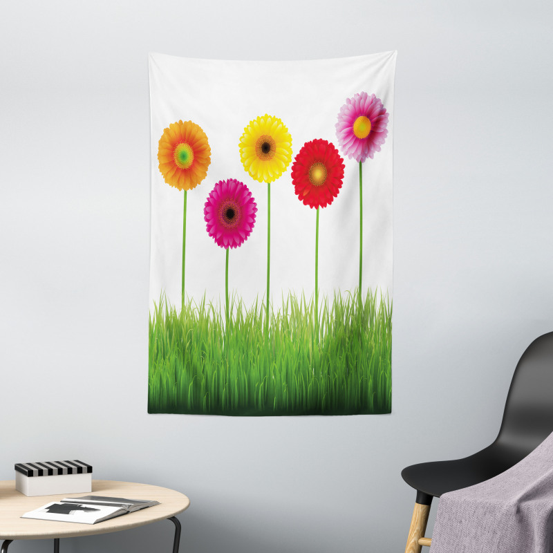 Vivid Flowers on Grass Tapestry