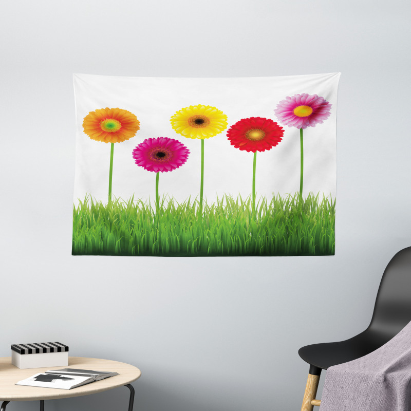 Vivid Flowers on Grass Wide Tapestry