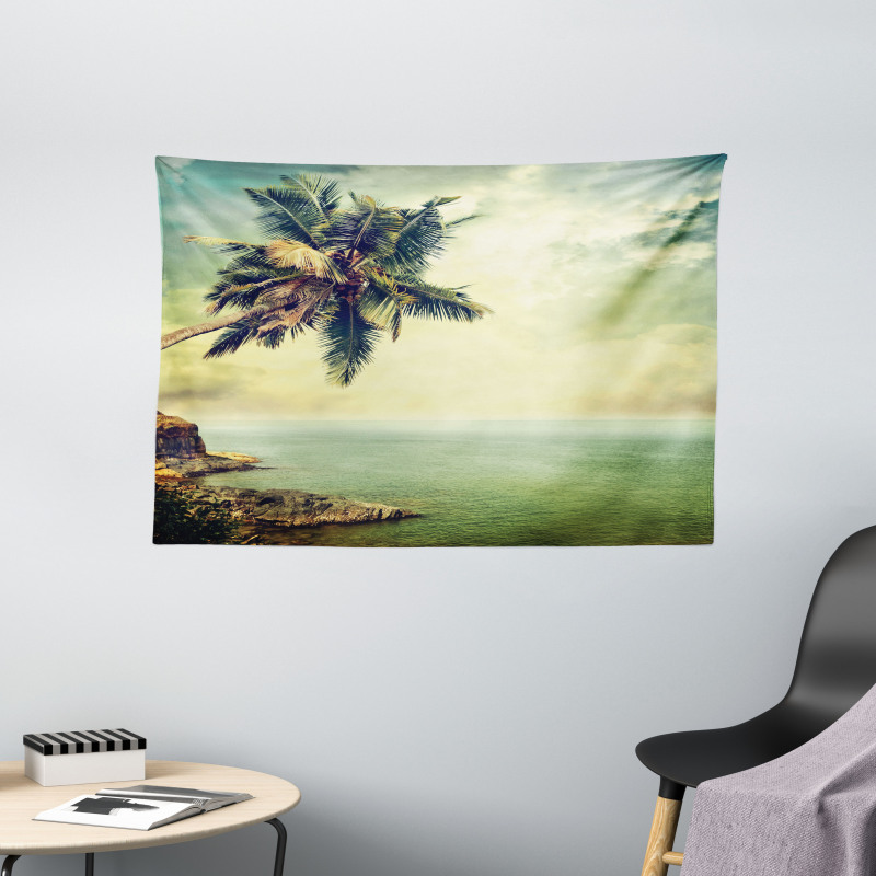 Palm Tree Rocky Shore Wide Tapestry