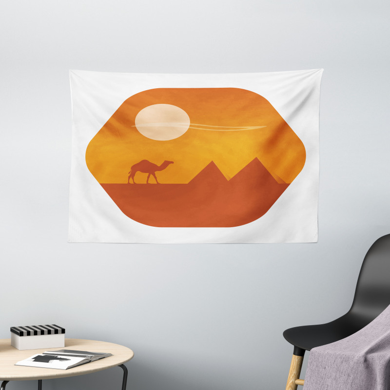 Sun Camel and Pyramids Art Wide Tapestry