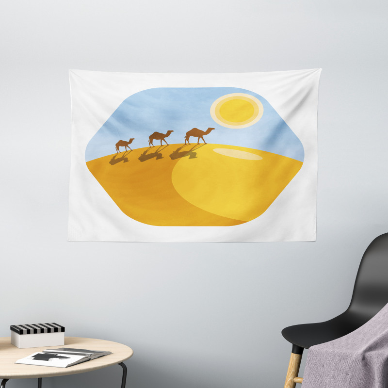 Camels on Desert Cartoon Wide Tapestry