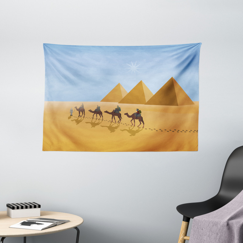 Camel Riders in Desert Wide Tapestry