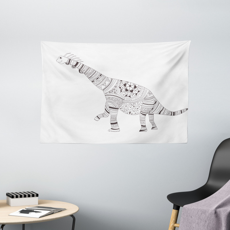 Monochrome Zentangle Dinosaur Wide Tapestry