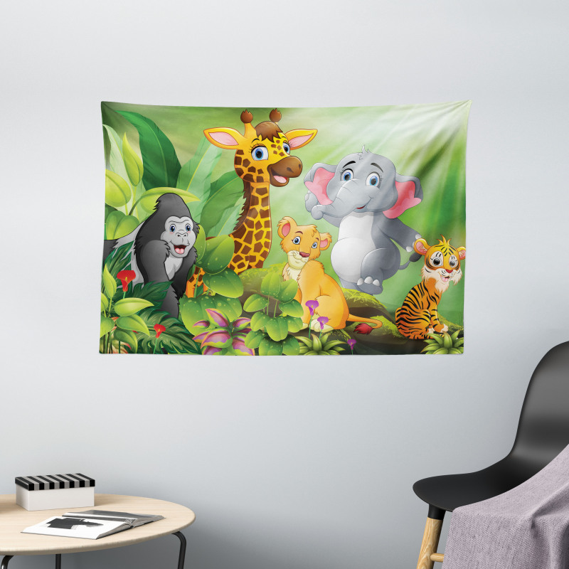 Cartoon Style Wild Animals Wide Tapestry