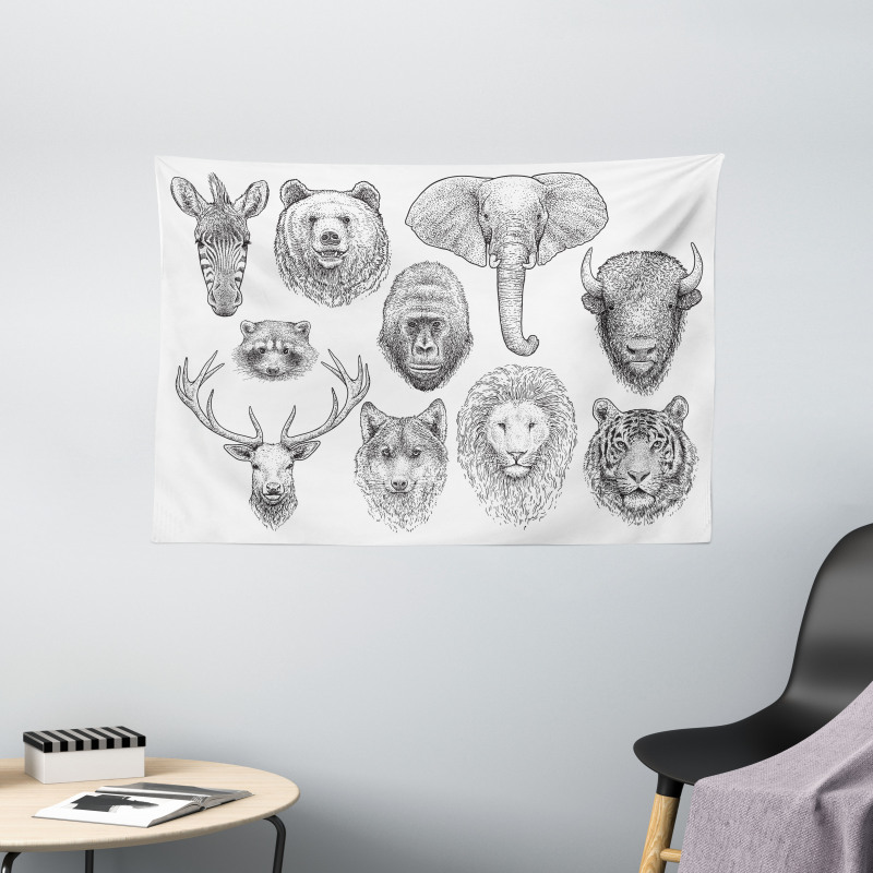 Composition of Animal Heads Wide Tapestry