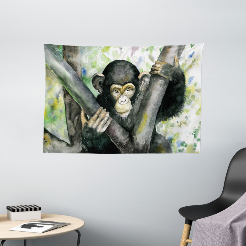 Watercolor Baby Chimpanzee Wide Tapestry