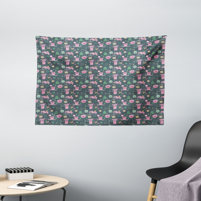 Piglets Flowers Birds Trees Wide Tapestry